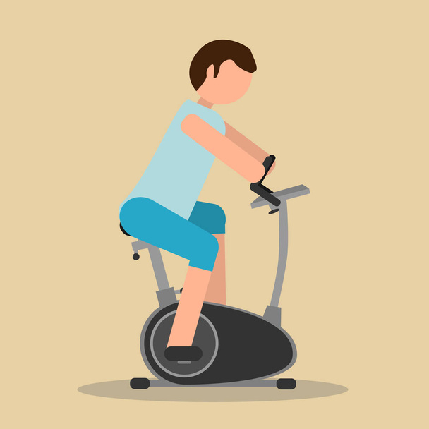 Cartoon man on exercise bike side view - Vector, Image