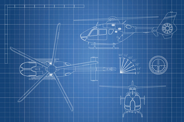 Planta de engenharia do helicóptero. Vista de helicópteros: topo, lado, frente. Desenho industrial
 - Vetor, Imagem