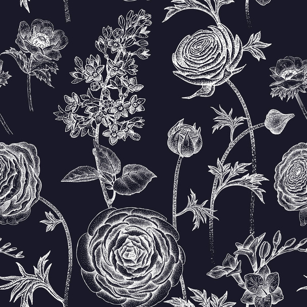 Seamless pattern with spring flowers white on black. - Vector, Image