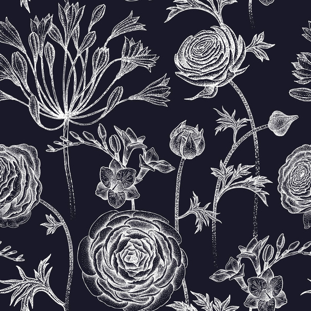 Seamless pattern with spring flowers white on black. - Вектор,изображение