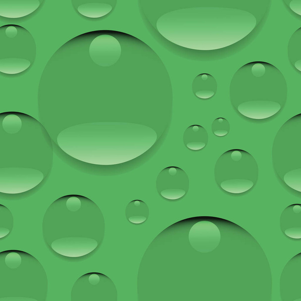 Dew on a green background. Seamless pattern. Realistic pure water, isolated transparent drops. Design for website background, textile, tapestries, packaging materials, environmental posters. - Vektor, obrázek