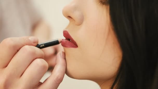 Maquiagem artista faz maquiagem lábios de mulher jovem com lápis de lábio para acariciar os lábios
 - Filmagem, Vídeo