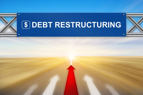 Flecha vermelha e reestruturação da dívida no sinal de estrada azul
 - Foto, Imagem