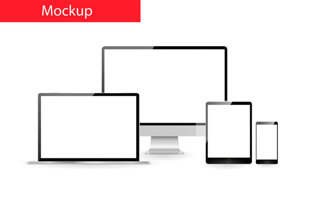 responsive Design-Attrappe. Set aus realistischem Monitor, Laptop-Tablet und Handy  - Vektor, Bild