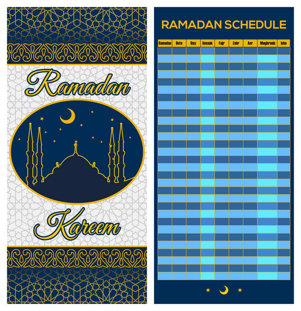 Calendario del Ramadán Horario de ayuno, Iftar y oración Guía. Parte delantera y trasera. Traducción: Santo Ramadán. Mañana, amanecer, mediodía, tarde, noche, noche
 - Vector, Imagen