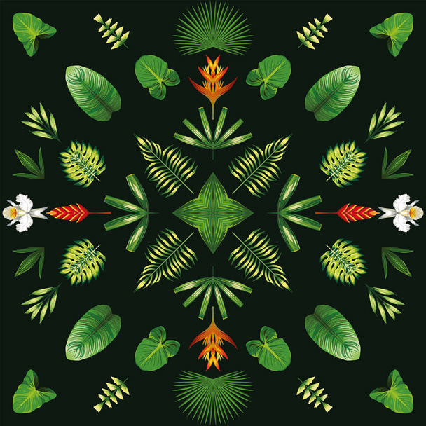 symmetric geometric tropical flowers and leaves dark green backg - Vetor, Imagem