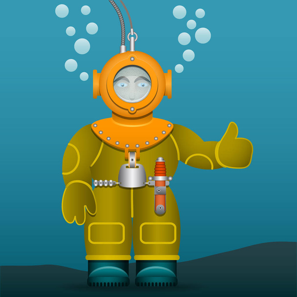 Водолаз в старом костюме и шлеме для подводного плавания. Карикатурный стиль. Векторное изображение
. - Вектор,изображение