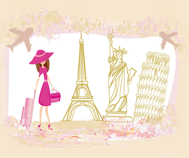 Travel girl design with different monuments - Wektor, obraz
