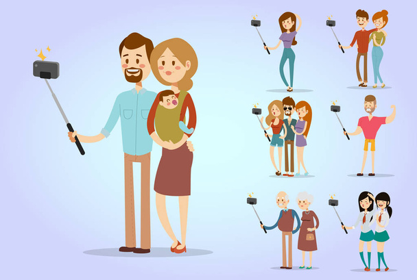 Selfie pessoas isolado vetor ilustração personagem foto estilo de vida conjunto hipster inteligente câmera plana smartphone pessoa imagem família
 - Vetor, Imagem