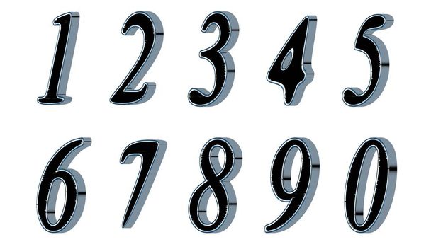 Conjunto de números 3D. Fonte preta com lados metálicos, em fundo branco. Isolado, fácil de usar
. - Foto, Imagem