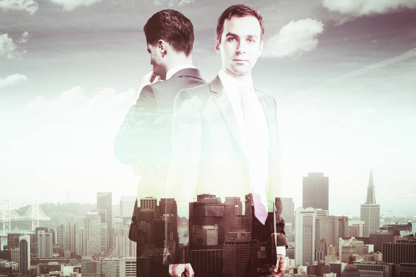 Two thoughtful businessmen on city background. Future concept. 3D Rendering - Fotografie, Obrázek