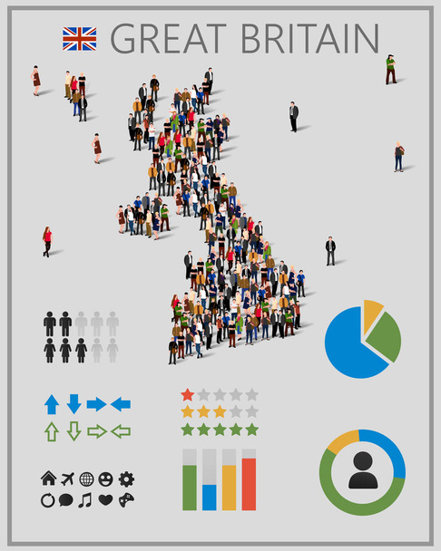 Duża grupa ludzi w formie mapy Wielkiej Brytanii z elementami infografiki. - Wektor, obraz