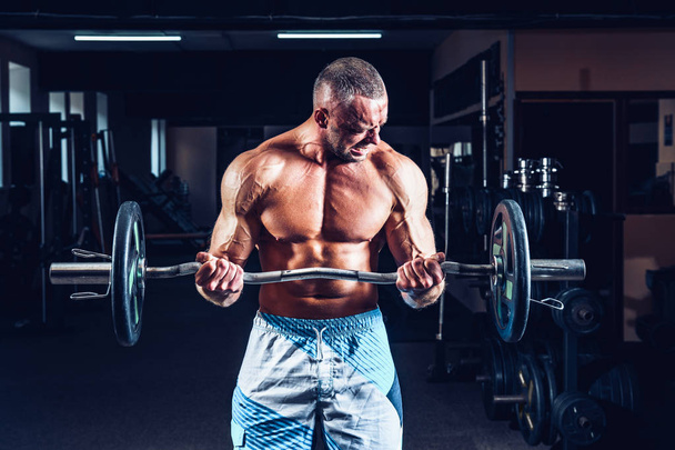 Muscular bodybuilder guy doing exercises on biceps with big dumbbell in gym - Fotografie, Obrázek