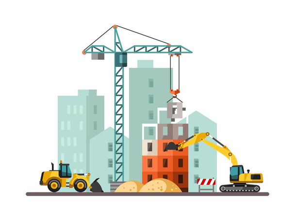 Building work process with houses and construction machines. Vector illustration. - Vector, Image