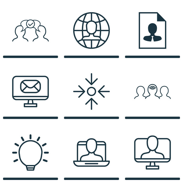 Set di 9 icone di gestione aziendale. Include Cv, e-mail, identità online e altri simboli. Bellissimi elementi di design
. - Vettoriali, immagini