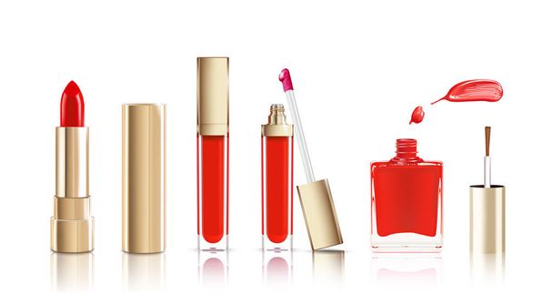 Beautiful cosmetic set in gold. lipstick, lip gloss and nail polish with smear. Makeup realistic cosmetic vector isolated on white. - Vector, Image