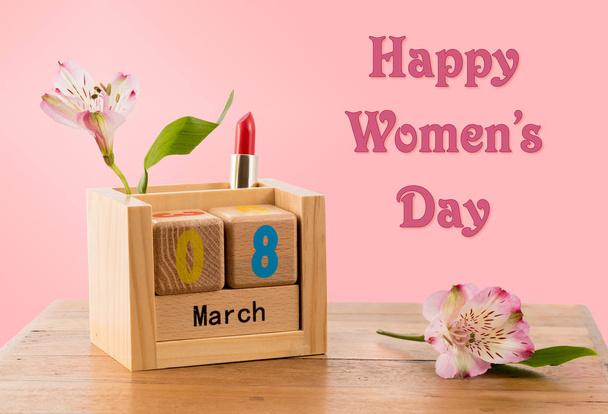 Ευτυχής ημέρα Womens φόντο με ημερολόγιο και το άνθος - Φωτογραφία, εικόνα
