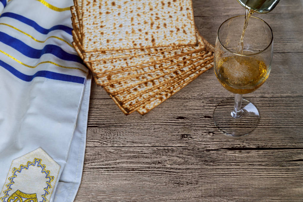 Matzo for Passover and wine on table - Photo, Image