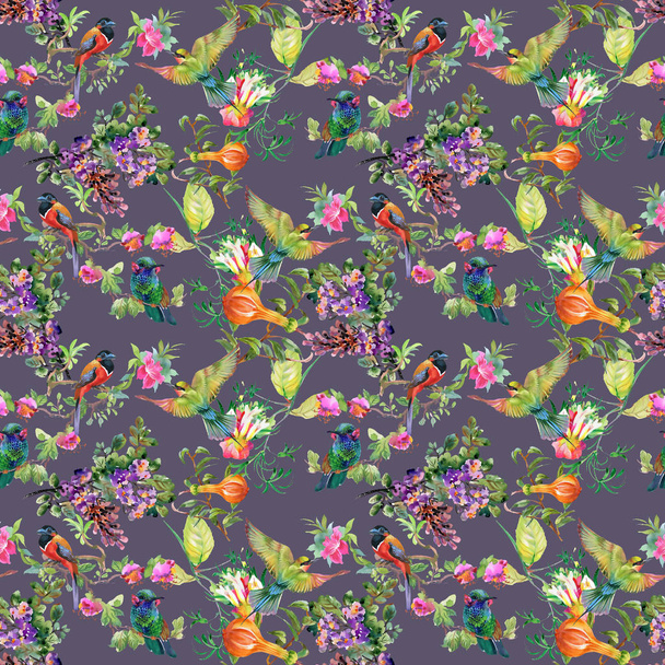 pattern with beautiful flowers and birds - Zdjęcie, obraz