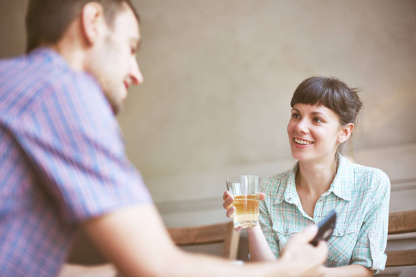 Couple in cafe Communicate and talk with each other - Photo, image