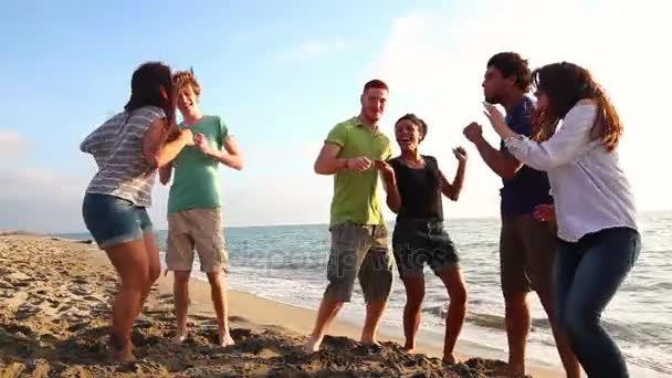 Monirotuinen ryhmä ystäviä, joilla on juhlat rannalla
 - Materiaali, video