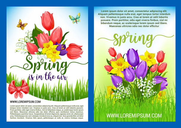 Spring flowers bouquets vector greeting posters - Vector, Image