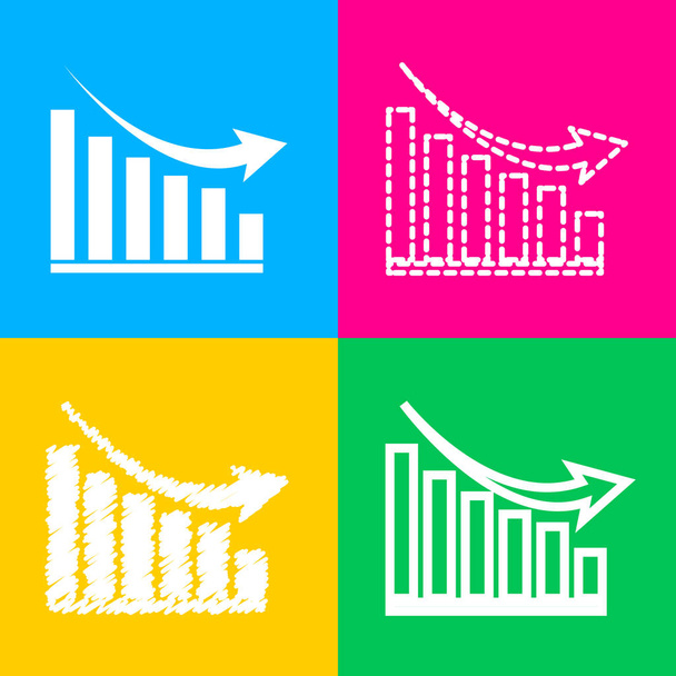 Declining graph sign. Four styles of icon on four color squares. - Vector, Image