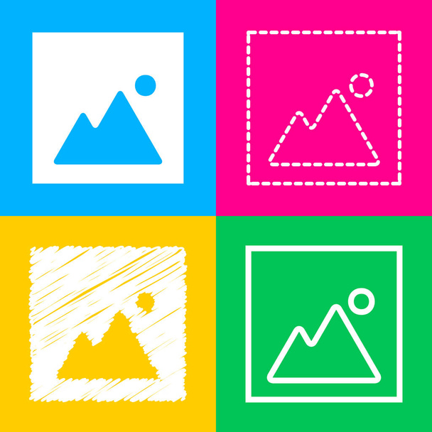 Ilustración del signo de imagen. Cuatro estilos de icono en cuatro cuadrados de color
. - Vector, imagen