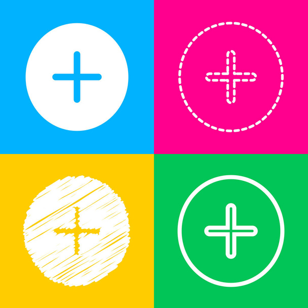 Positieve symbool plus teken. Vier stijlen van pictogram op vier vierkanten van de kleur. - Vector, afbeelding