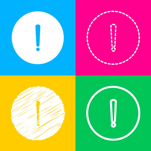 Felkiáltójel jele. Négy stílus ikon a négy színes négyzetek. - Vektor, kép