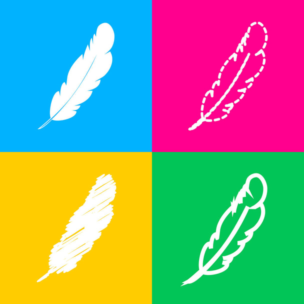 Feather sign illustration. Four styles of icon on four color squares. - Vector, Image