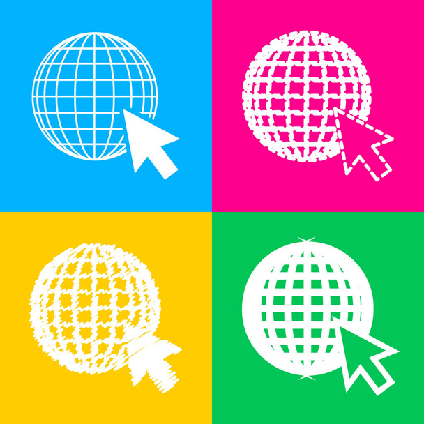 Earth Globe with cursor. Four styles of icon on four color squares. - Vector, Image