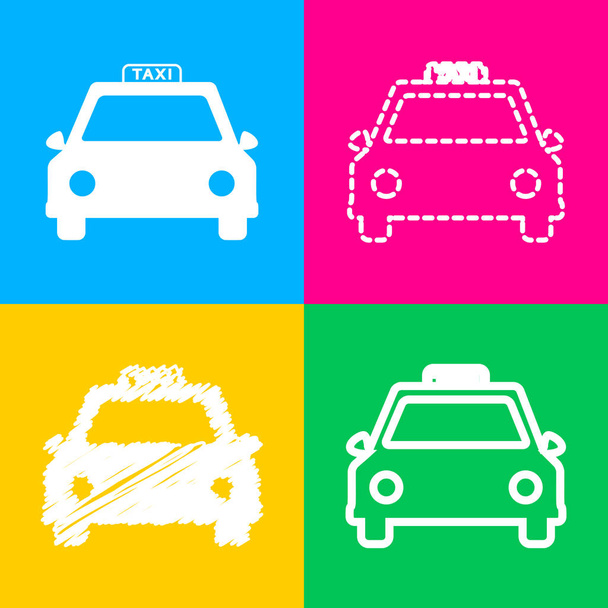 Ilustración de señal de taxi. Cuatro estilos de icono en cuatro cuadrados de color
. - Vector, imagen