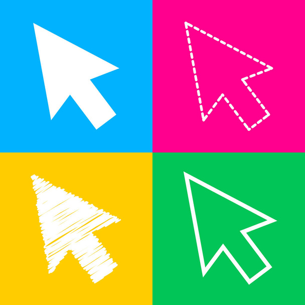 Arrow sign illustration. Four styles of icon on four color squares. - Vector, Image