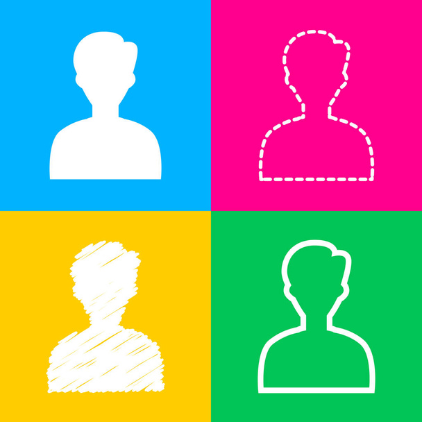 User avatar illustration. Anonymous sign. Four styles of icon on four color squares. - Vector, Image