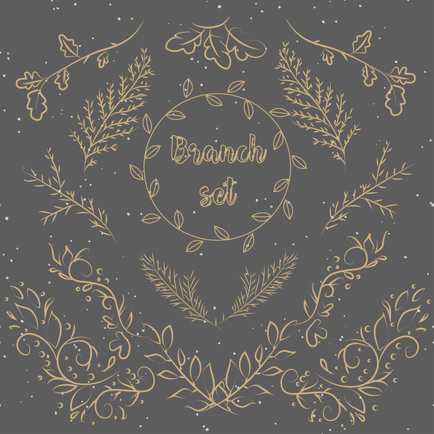 Branch set gold color isolated on dark background for use rustic decoration design. - Vector, Image