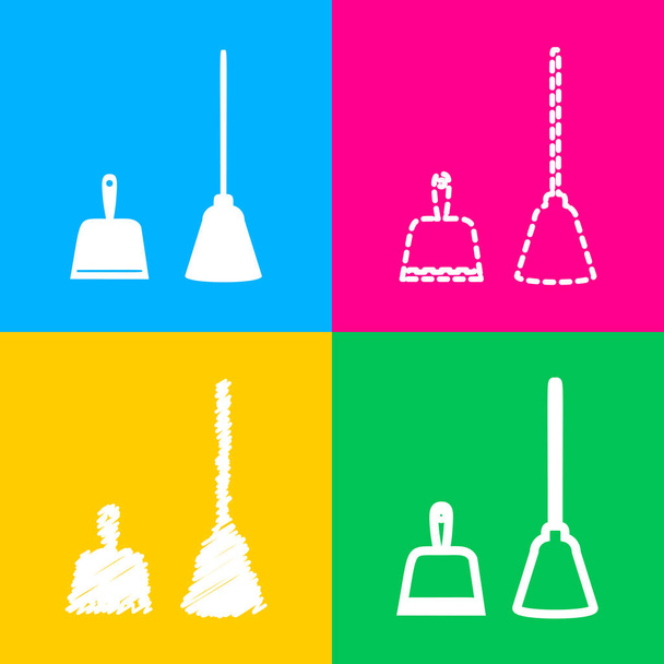 Dustpan vector sign. Scoop for cleaning garbage housework dustpan equipment. Four styles of icon on four color squares. - Vector, Image