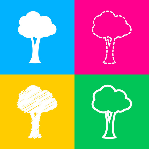 Illustration de signe d'arbre. Quatre styles d'icône sur quatre carrés de couleur
. - Vecteur, image