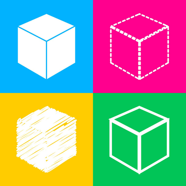 Illustrazione segno cubo. Quattro stili di icona su quattro quadrati di colore
. - Vettoriali, immagini