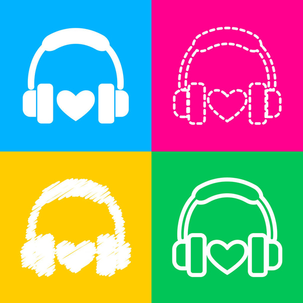 Kopfhörer mit Herz. vier Symbolstile auf vier farbigen Quadraten. - Vektor, Bild