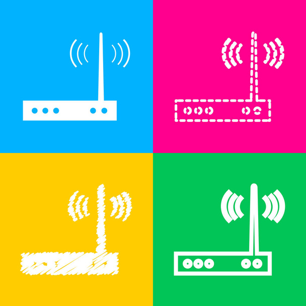Znak modemu WiFi. Cztery style ikonę na cztery kwadraty koloru. - Wektor, obraz