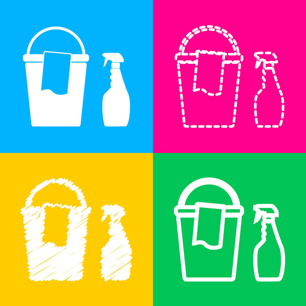 Eimer und Lappen mit chemischen Haushaltsflaschen. vier Symbolstile auf vier farbigen Quadraten. - Vektor, Bild