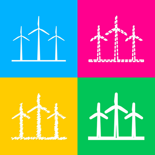 Signo de turbinas eólicas. Cuatro estilos de icono en cuatro cuadrados de color
. - Vector, Imagen
