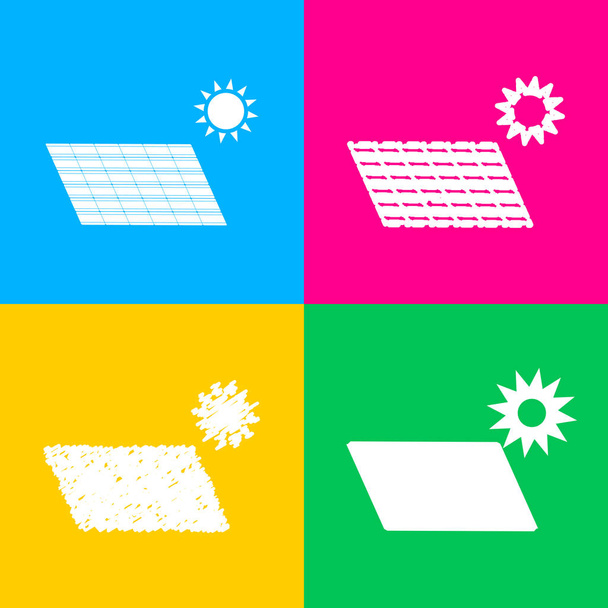 Solar energy panel. Eco trend concept sign. Four styles of icon on four color squares. - Vector, Image