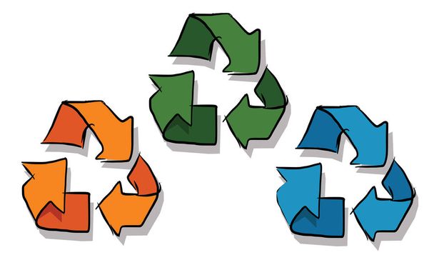 Recycling-Symbol in Skizze drei Farbe orange grün und blau - Vektor, Bild