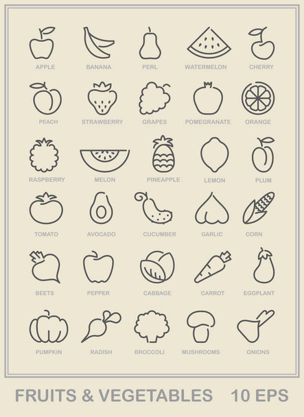 Contour icons of vegetables and fruit - Vector, Image