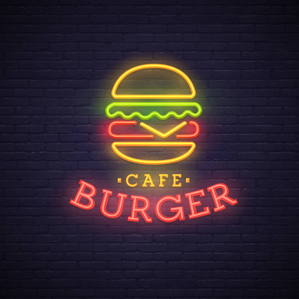 Burger Neon kyltti, kirkas kyltti, valo banneri. Hampurilaisen logo, tunnus - Vektori, kuva