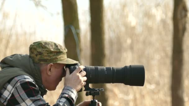  4k. Manzara Fotoğrafçı sonbahar ahşap kamera ile çalışır  - Video, Çekim