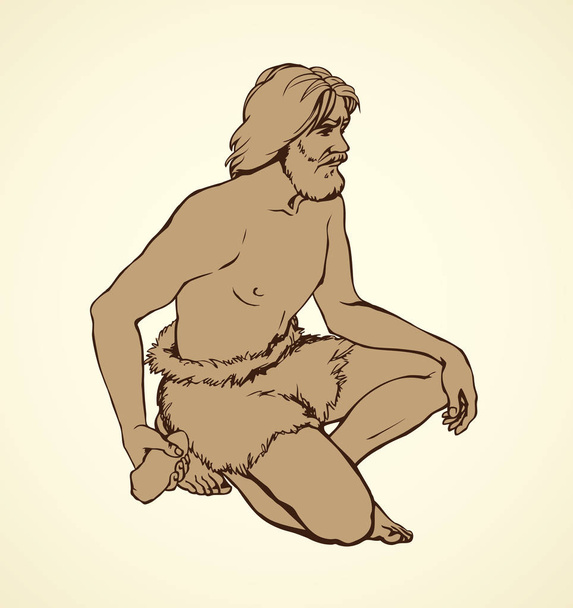 Imagen vectorial. El hombre primitivo dibuja en la pared de piedra de la cueva
  - Vector, Imagen