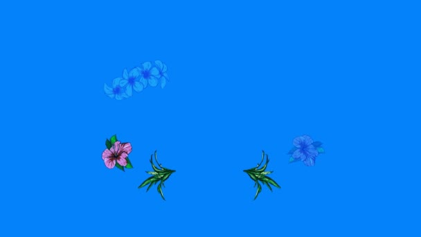 Gelukkige verjaardag woorden met bloemen op blauwe achtergrond. MOV - Video